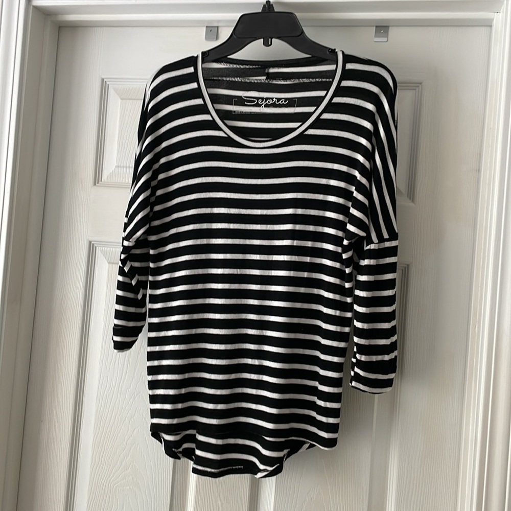 Sejora 3/4 Length Sleeve Black & White Striped Shirt - Sz M Comfortable, Cozy